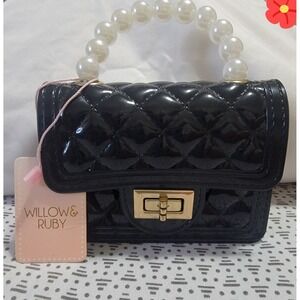 Willow & Ruby Black Quilted Jelly Mini‎ Bag with Faux Pearl Handle and Gold Lock